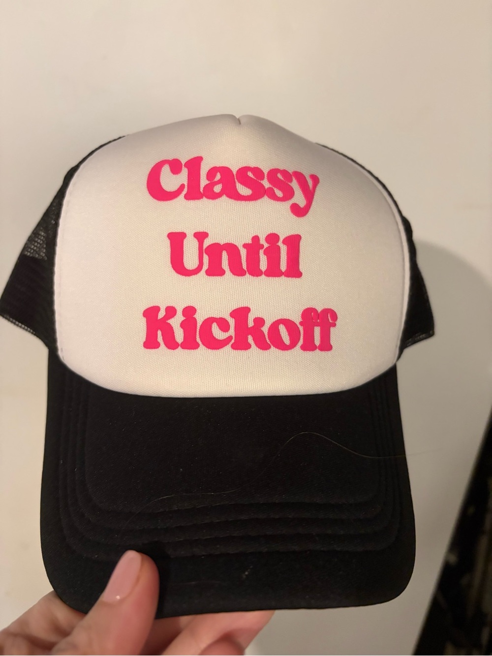 NWT/ladies”Classy Until Kickoff' Pink Text Trucker Hat